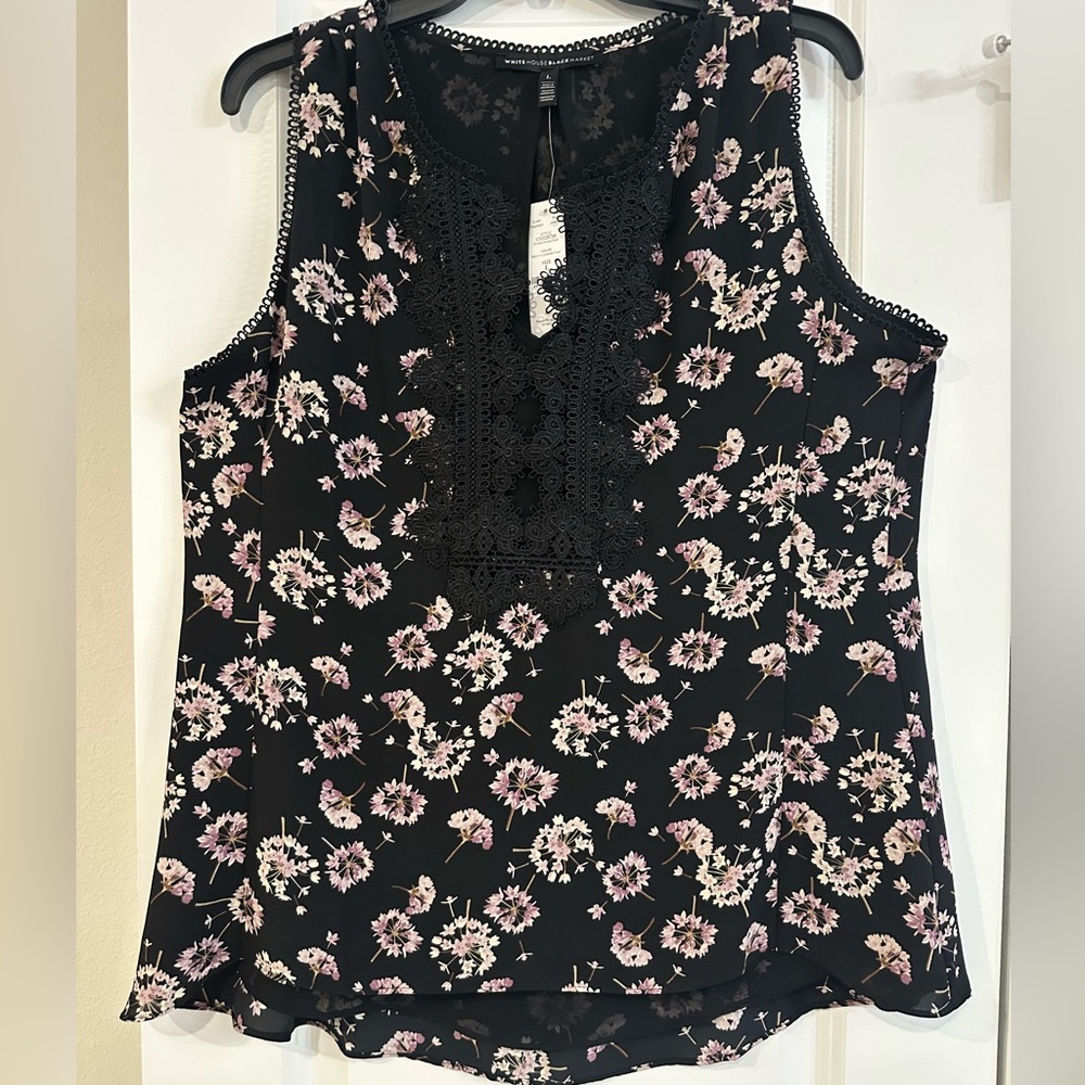 White House Black Market Black Sleeveless Floral Lace-Trim Camisole
